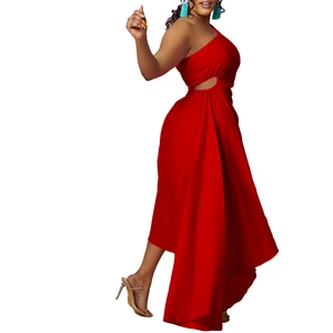 Detail view of red one-shoulder dress featuring waist cut-out and irregular hemline