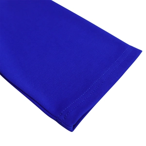 Detail of royal blue dress sleeve showing precise double-needle stitching and knit texture