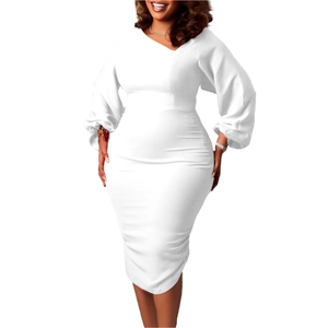 Detail of white midi dress with puff sleeves and elegant side ruching design