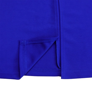 Detail of royal blue V-neck dress featuring side slit and premium overlock stitching