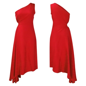 Detail view of red one-shoulder dress with side ruching and asymmetric hemline style