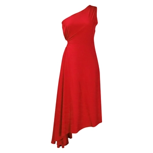 Detail of red one-shoulder dress showing waist pleats and asymmetric hemline