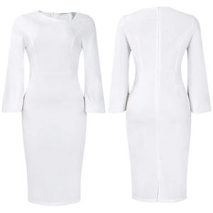 Detail of white slim fit midi dress showing the elegant off-shoulder neckline and back slit