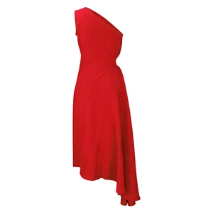Detail of red one-shoulder dress showing waist cutout and asymmetrical draped hemline