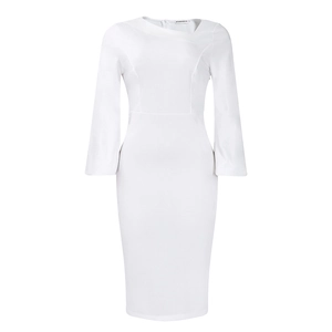 Detailed view of the asymmetrical neckline and brand label on a white long-sleeve dress