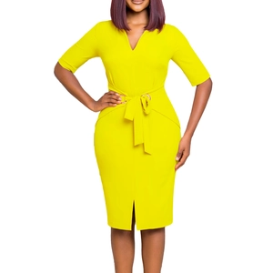 Detail of V-neck yellow pencil dress featuring a metal buckle and waist bow tie decoration