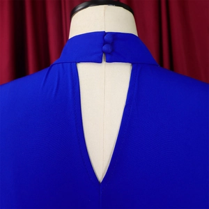 Detail of royal blue high neck top featuring back hollow-out design and buttons