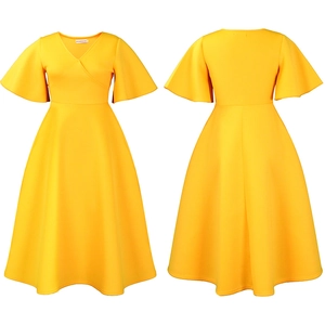 Front and back view of a vibrant yellow V-neck flared sleeve dress with a full A-line skirt