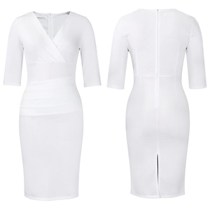 Detail of white V-neck sheath dress with waist pleats and back split hem design