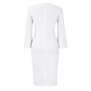 Detail view of the back zipper and slit on a slim white long sleeve midi dress