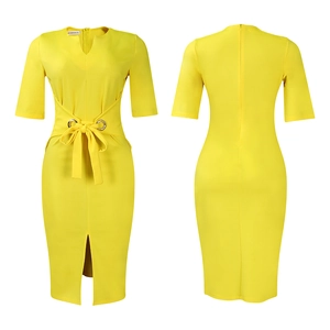Detail of yellow V-neck pencil dress featuring waist ties and golden metal eyelets