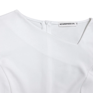 Detail of white asymmetric collar and hidden zipper on the back of this fashion dress