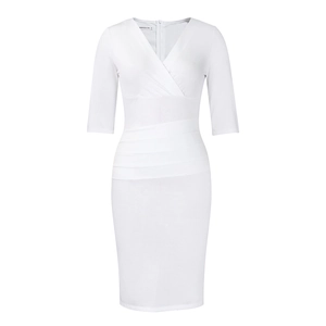 Detailed view of the V-neck wrap design and waist pleats on white bodycon dress