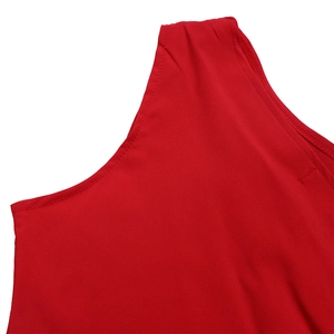 Detail view of red one-shoulder dress featuring precise stitching and high-quality fabric