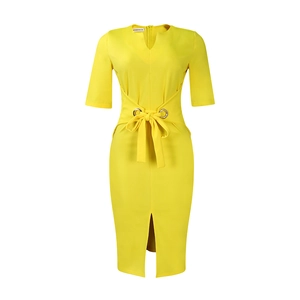 Detailed view of yellow pencil dress featuring an elegant V-neck and stylish waist belt