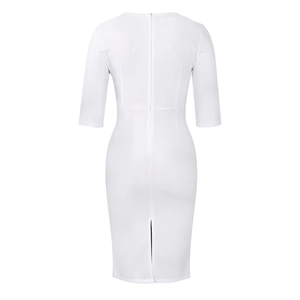 Detail view showing back invisible zipper and split hem on white v-neck pencil dress