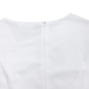 Detail of invisible zipper closure and round neck stitching on a white elegant dress