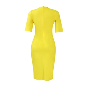 Detail view of the high-stretch yellow pencil dress with a seamless back zipper closure
