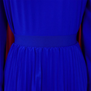Close-up of royal blue elastic waist and pleated skirt texture of this two-piece set