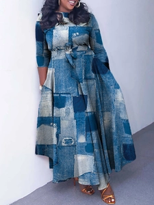 Women's 3/4 sleeve midi dress featuring denim patchwork print and waist tie-up detail