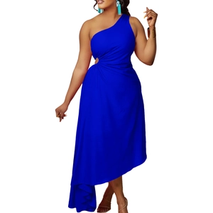 Detail of royal blue one-shoulder dress featuring waist cutout and pleated ruching detail