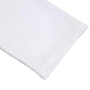 Detail shot of white knitted fabric with clean double-needle stitching and fine texture