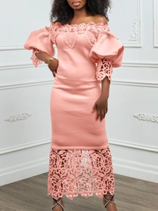 Elegant Off-The-Shoulder Lace Patchwork Midi Dress For Women Lantern Sleeve Bodycon Banquet Party Wedding Bridesmaid Dress