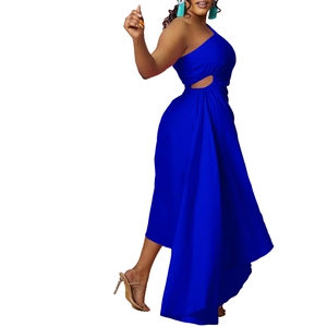 Detail of royal blue one-shoulder dress with side cutout and asymmetrical hem design