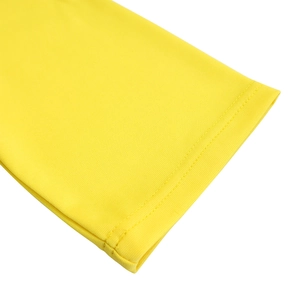 Detail of bright yellow pencil dress sleeve showing high-quality double-needle stitching