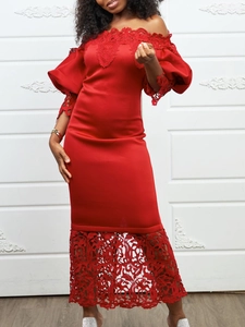 Elegant red off-shoulder party dress with lace拼接 lantern sleeves and embroidery
