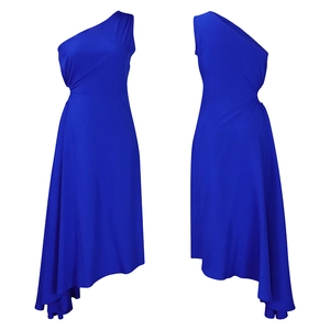 Detail view of bright blue one-shoulder dress with side ruffles and asymmetric hem