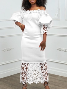 Elegant white off-shoulder bodycon dress with lace detailing and puff lantern sleeves