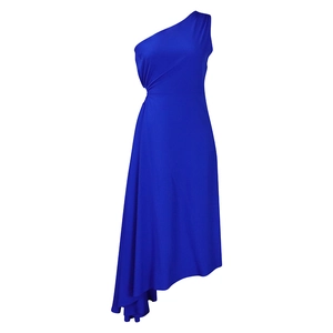 Detailed view of royal blue one-shoulder dress with side ruching and asymmetrical hemline