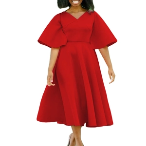 Elegant red V-neck dress with flare sleeves and A-line silhouette for formal occasions
