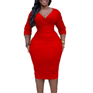 Detail of red V-neck bodycon dress showing elegant ruched texture and slim fit design