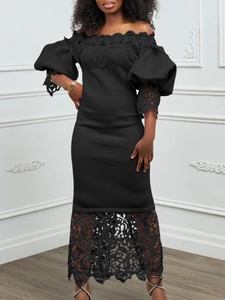 Elegant black off-the-shoulder midi dress with lace lantern sleeves and slim fit design