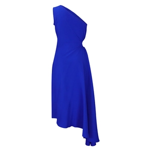 Detail of royal blue one shoulder dress featuring waist cut-out and asymmetric hem