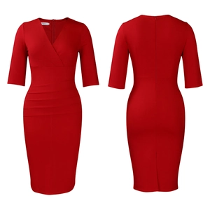 Front and back view of elegant red V-neck sheath dress with waist pleats and back slit