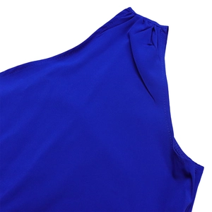 Close-up of royal blue sleeveless dress with pleated shoulder and smooth satin fabric