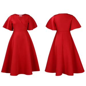 Red V-neck A-line dress with flare sleeves and wide hem, front and back flat lay view
