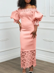 Elegant peach off-shoulder lace midi dress with puff sleeves for formal evening parties