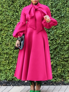 Women Elegant Lantern Sleeve Pussy Bow High Waist A-Line Maxi Dress Solid Color Long Sleeve Party Evening Swing Dress