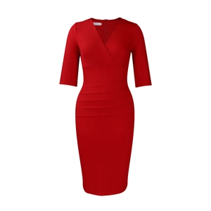 Detail of red slim fit V-neck dress featuring elegant waist pleats and mid-length sleeves