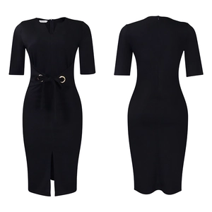 Detail of elegant black V-neck pencil dress with gold buckle waist tie and front slit