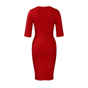 Detail view of the back of a red V-neck dress featuring a hidden zipper and a slit hem