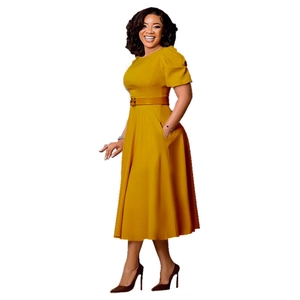 Detail view of ginger yellow midi dress with a waist belt and functional side pockets