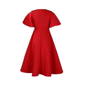 Back view of a red A-line evening dress featuring elegant flare sleeves and a wide hemline