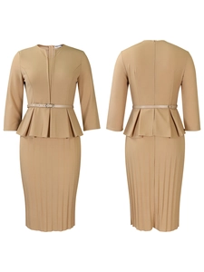 Detail view of khaki V-neck top with peplum hem and pleated midi pencil skirt set