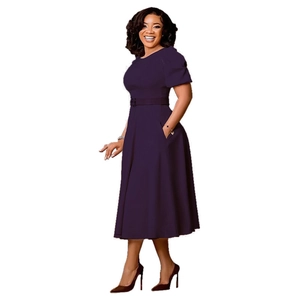 Detail of dark purple A-line dress featuring puff sleeves and a side pocket detail