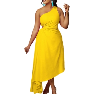 Elegant one-shoulder yellow asymmetric dress with hollow waist and metal ring detail